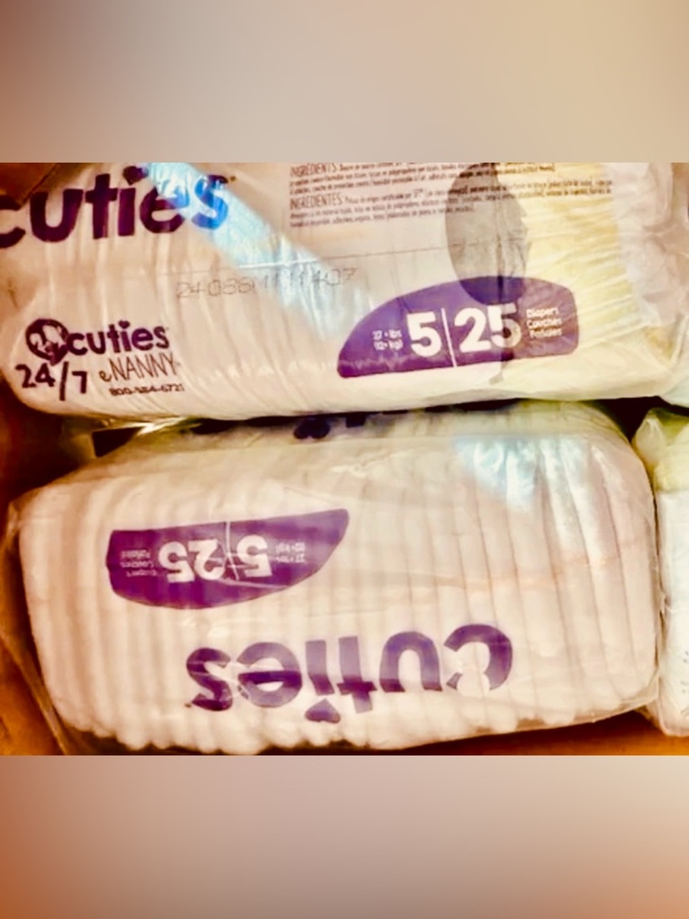 Lot of 2 PKGS of Cuties Size 5 Diapers Unisex New 25 in each Bag unopened